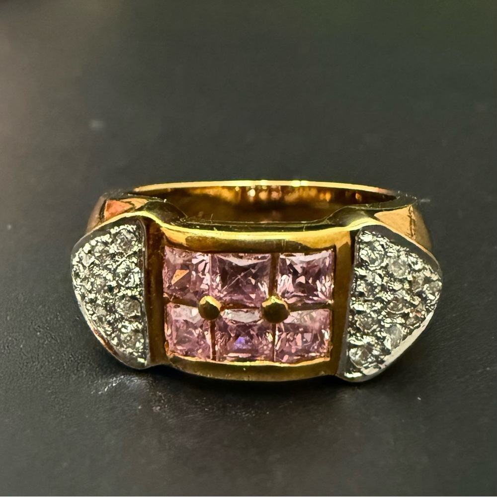 Vintage RF Peak 925 Gold Over Silver Six Row Pink CZ Clear Pave Ring Size 8 5g.